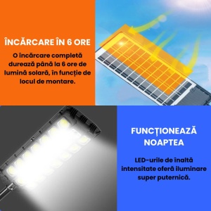 Lampă Solară Stradală cu 23 LED-uri COB, Senzor de Mișcare, Telecomandă și Protecție IP65 – Negru - Img 2