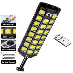 Lampă Solară Stradală cu 23 LED-uri COB, Senzor de Mișcare, Telecomandă și Protecție IP65 – Negru - Img 1