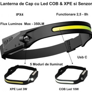 SET 2 x Lanterna OEM LED cu acumulator intern cu senzor miscare, 350 lumeni, camping, pescuit, service auto, incarcare USB Type C, waterproof, L99 - Img 3