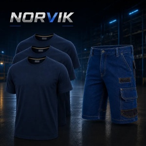 SET NORVIK - Pantaloni de lucru scurti jeans + 3 tricouri
