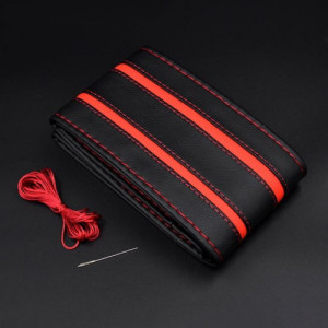 Husa volan din PIELE NATURALA CU DOUA DUNGI ROSII, pentru autoturisme, diametru 37 - 39 cm, cu ac si ata (se coase, aspect ORIGINAL) - Img 1