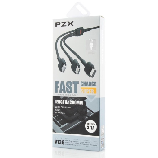Cablu USB-C, PZX, 3 in 1 Cable, Quick Charge, 3.1A, V136, 1m, Negru