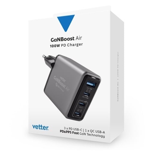 Incarcator GaNBoost Air, 100W Travel Charger, 3x USB-C, 1x USB A, Black