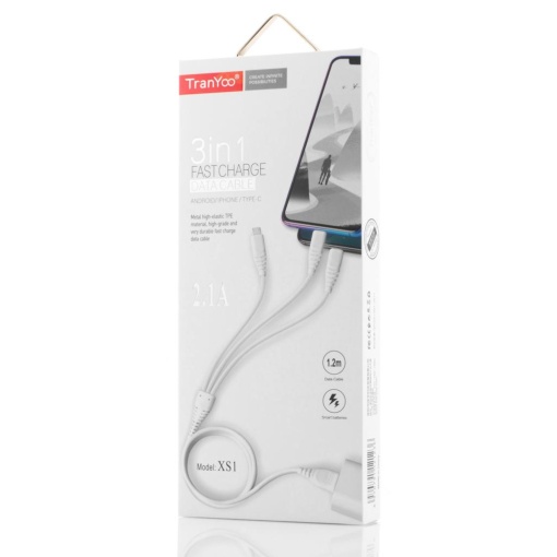 Cablu USB-C, Tranyoo, XS1, 3 in 1 Cable, 1.2m, 2.1A, Alb