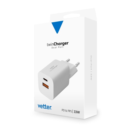 Incarcator twin Charger, Universal Travel Charger with PD and PPS, Dual Port, USB-C, 33W, Alb