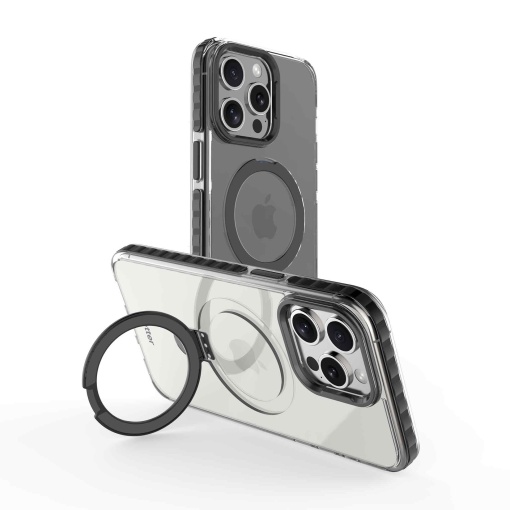 Husa iPhone 15 Pro, Clip-On Crystal Compatibil MagSafe, with foldable stand, Transparent cu Negru