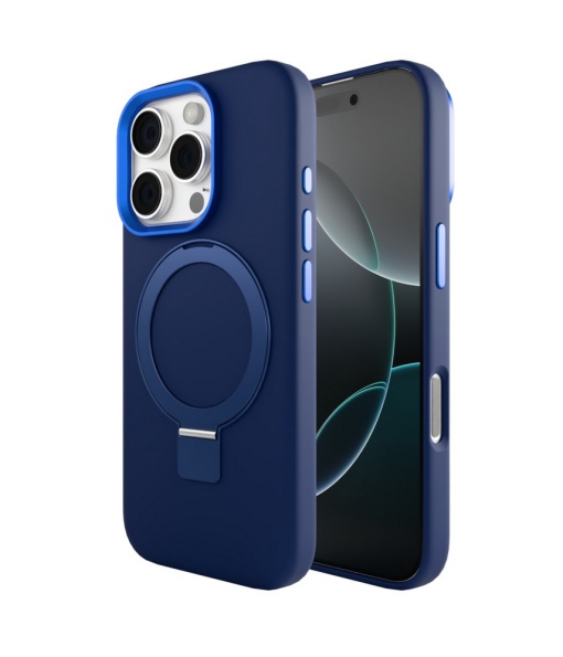 Husa iPhone 16 Pro, Clip-On Silk Series with foldable stand, Compatibil MagSafe, Blue