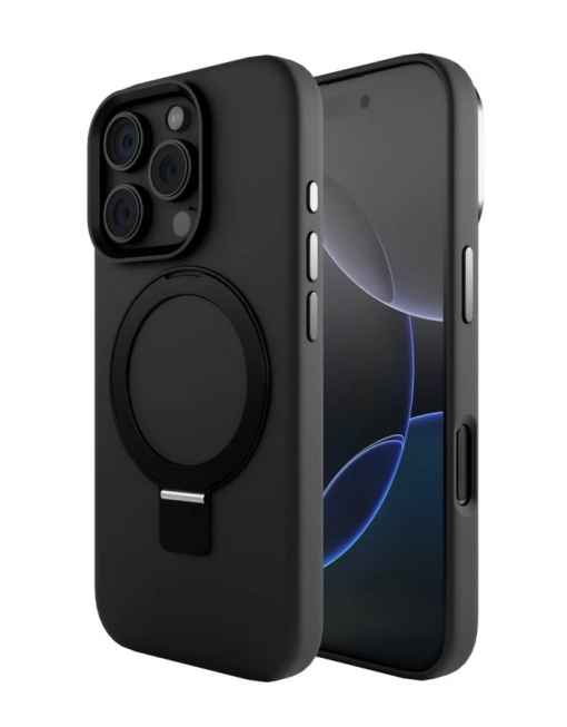 Husa iPhone 16 Pro, Clip-On Silk Series with foldable stand, Compatibil MagSafe, Negru