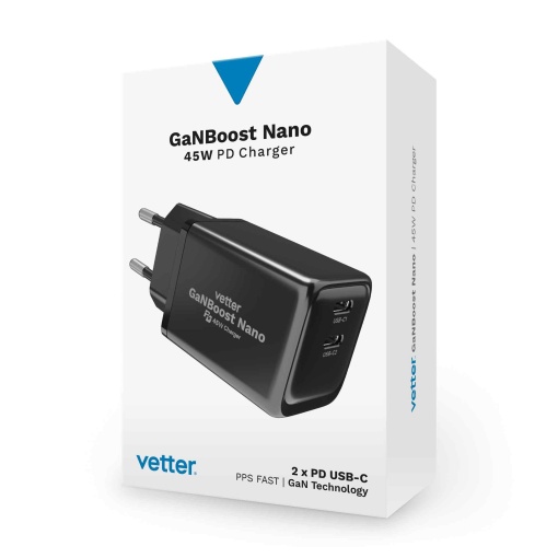 Incarcator GaNBoost Nano, 45W Travel Charger, 2x USB-C, PD and PPS, Negru