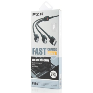 Cablu USB-C, PZX, 3 in 1 Cable, Quick Charge, 3.1A, V136, 1m, Negru, disponibil pe thenx.net