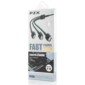 Cablu USB-C, PZX, 3 in 1 Cable, Quick Charge, 3.1A, V136, 1m, Negru, disponibil pe thenx.net