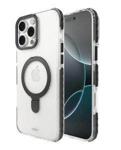 Huse iPhone 16 Pro Max, Clip-On Crystal Compatibil MagSafe, with foldable stand, Transparent cu Negru - thenx.net