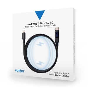 Cablu unTWIST Mach240 with Digital Display, Type-C to Type-C Magnetic self-looping cable, 240w, 1m, Black - squaregsm.ro