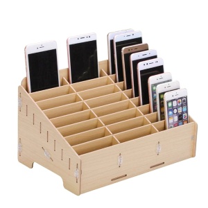 Cutie Depozitare Lemn pentru Birou – Container cu 24 Grile pentru Telefoane Reparate