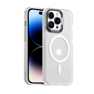 Husa iPhone 14 Pro, Clip-On Hybrid Compatibil MagSafe, with Metal Stand, Alb