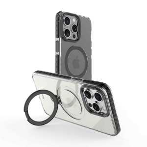 Husa iPhone 15 Pro, Clip-On Crystal Compatibil MagSafe, with foldable stand, Transparent cu Negru, disponibil pe thenx.net