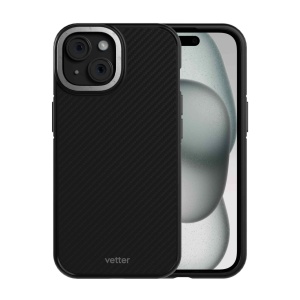 Husa iPhone 15 Plus, Clip-On Compatibil MagSafe, Aramid Fiber, Hybrid Kevlar, Negru cu Gri, disponibil pe thenx.net