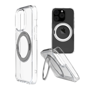 Husa iPhone 14 Pro, Clip-On Crystal Compatibil MagSafe, wirh 360 degree rotating stand, Transparent, disponibil pe thenx.net