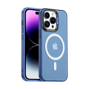 Husa iPhone 14 Pro, Clip-On Hybrid Compatibil MagSafe, with Metal Stand, Blue, disponibil pe thenx.net