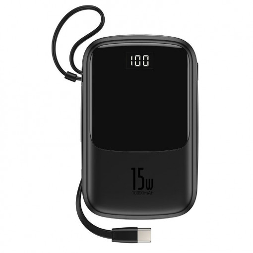 Baterie externa PowerBank BASEUS Q 3A afisaj digital 10000mAh, IP, USB, USB-C, 15W cu cablu tip C (negru) PPQD-A01