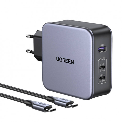 Incarcator de perete rapid UGREEN CD289, 2x USB-C, 1x USB-A, GaN, 140W, cablu 2m (argintiu) 90549