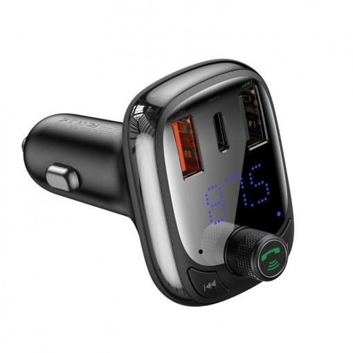 Modulator FM bluetooth 5.0 BASEUS Tip T 2xUSB, USB-C, PD, QC 3.0, microSD (negru) CCTM-B01