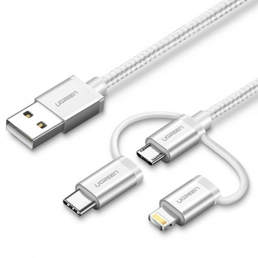 Cablu USB 3-in-1 UGREEN US186 Tip-C / Micro USB / Lightning, 1m (argintiu) 80825