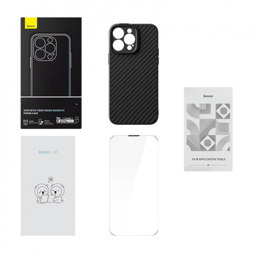 Carcasa magnetica Baseus Synthetic Fiber Series pentru iPhone 14 Pro (negru)+ sticla securizata + kit de curatare ARQW000101