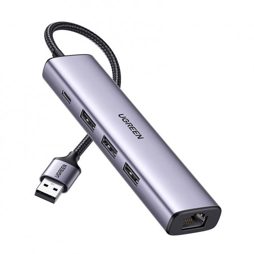 Hub 5in1 UGREEN CM475 USB-A la 3x USB 3.0 + RJ45 + adaptor USB-C (argintiu) 60554