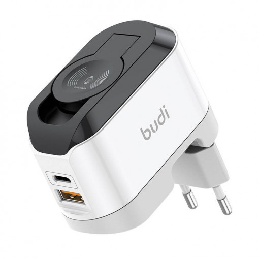 Incarcator Wireless Smartwatch Budi 330WE, USB-C + USB, 20W (alb-negru)