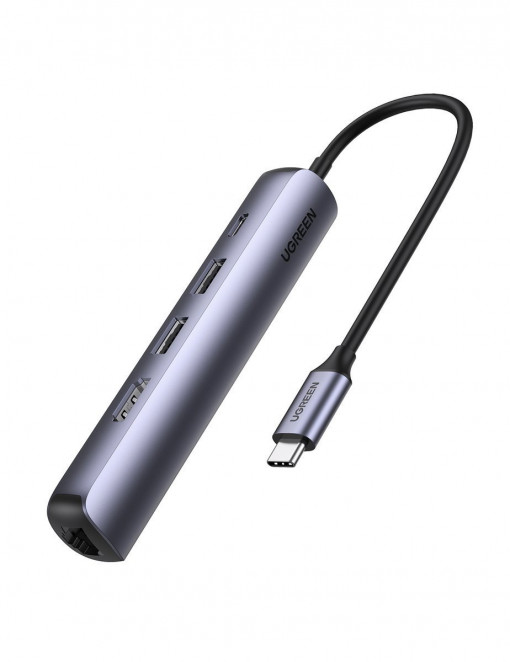 Adaptor 5in1 UGREEN CM418 USB-C la 2x USB 3.0, HDMI, RJ45, USB-C (gri) 10919