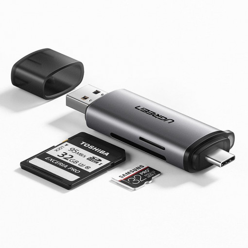 Adaptor USB + USB-C Cititor de carduri SD + microSD UGREEN CM185 (gri) 50706