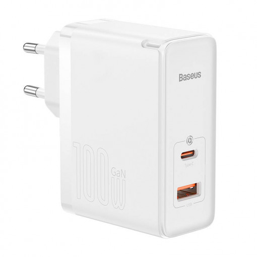 Incarcator de perete rapid Baseus GaN5 Pro USB-C + USB, 100W + cablu 1m (alb) CCGP090202