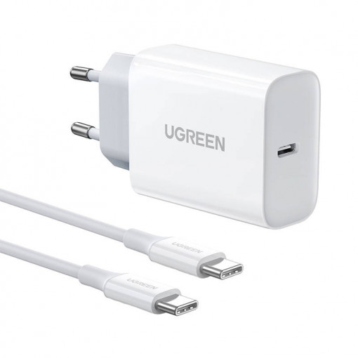 Incarcator de perete UGREEN CD127 USB-C, 30W + cablu USB-C (alb) 90472