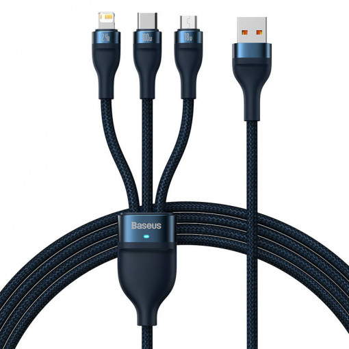 Cablu de date rapid USB 3in1 Seria Baseus Flash, USB-C + micro USB + Lightning, 100W, 1.2 m (albastru) CASS030003