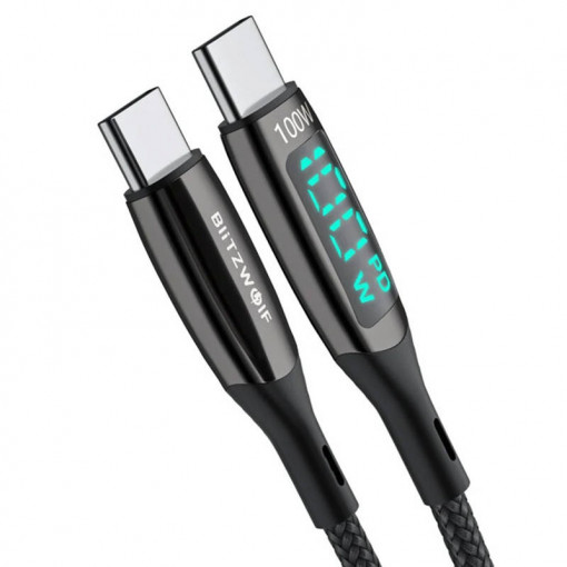 Cablu de date rapid USB-C la USB-C BlitzWolf BW-TC23, cu afisaj, 100W, 0.9 m (negru)