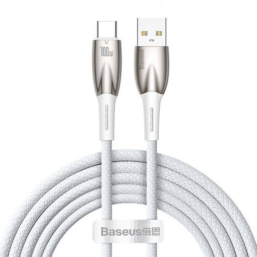 Cablu de date rapid USB la USB-C Baseus Glimmer Series, 100W, 2m (Alb) CADH000602