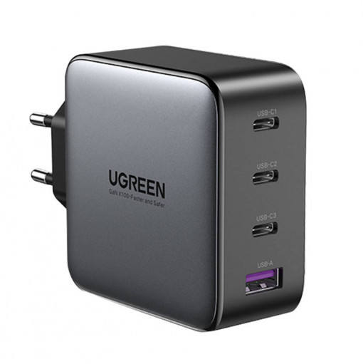 Incarcator de perete rapid UGREEN CD226, 3x USB-C, 1x USB-A, GaN, PD3.0, QC4+, 100W, 1.5m (negru)