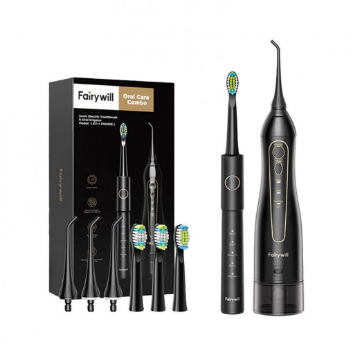 Periuta de dinti sonica cu set de varfuri si irigator FairyWill FW-5020E + FW-E11 (negru)