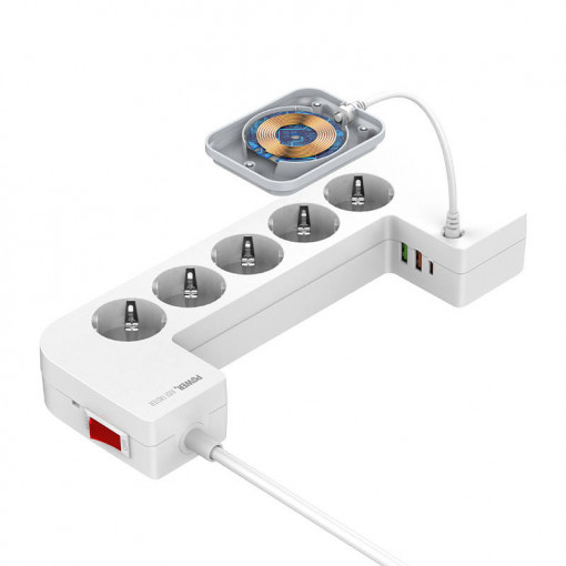 Prelungitor electric multiplu 5 prize AC, 3x USB, functie incarcare inductiva, LDNIO SEW5359 2500W, 2m (alb)