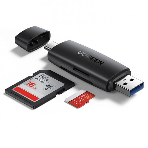 Adaptor cititor de carduri SD + microSD UGREEN CM304 USB + USB-C (negru) 80191