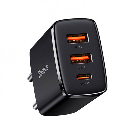 Incarcator rapid compact Baseus, 2xUSB, USB-C, PD, 3A, 30W (negru) CCXJ-E01