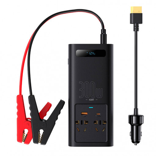 Invertor auto electric de putere BASEUS IGBT 2 X AC, USB-C, USB-A, 300W 220V (CN / EU) (negru) CGNB010101
