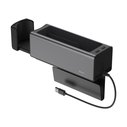 Organizator pentru masina Baseus Deluxe din metal cu suport pentru pahare, 2x incarcare USB (negru) CRCWH-A01