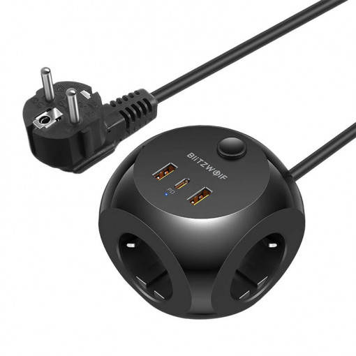 Prelungitor multiplu cu incarcator Blitzwolf BW-PC1, 3 prize AC, 2x USB, 1x USB-C (negru)