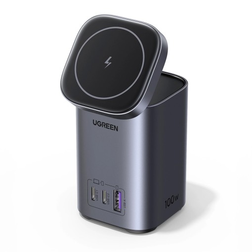 Statie Incarcare Ugreen CD342 100W GaN 2x USB-C 1x USB-A, Incarcare Inductiva Qi MagSafe - gri