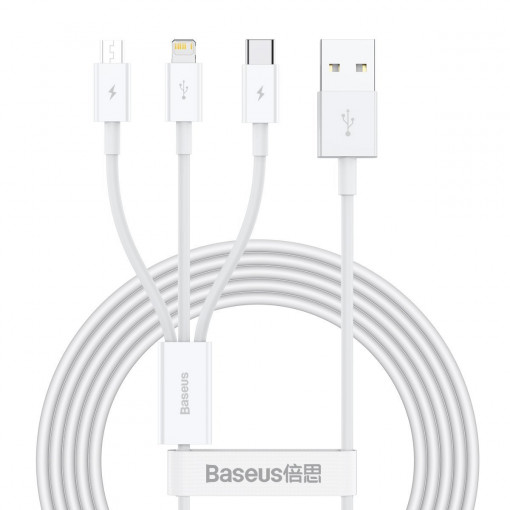 Cablu de date USB 3in1 Baseus Superior Series, USB la micro USB / USB-C / Lightning, 3.5 A, 1.2 m (alb) CAMLTYS-02