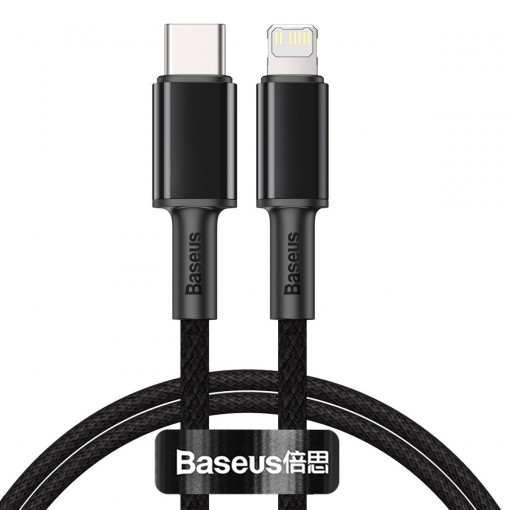 Cablu impletit de inalta densitate Baseus USB-C la Lightning, PD, 20W, 2m (negru) CATLGD-A01