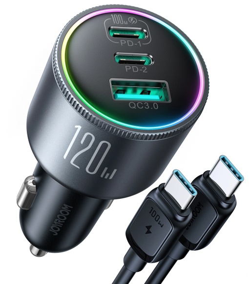 Incarcator Auto Rapid Joyroom JR-CCN07 1x USB + 2x USB-C 120W + Cablu USB-C 100W (Gri Inchis)
