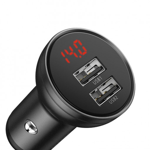 Incarcator auto BASEUS display digital 2x USB 4.8A 24W pentru socket bricheta (gri) CCBX-0G